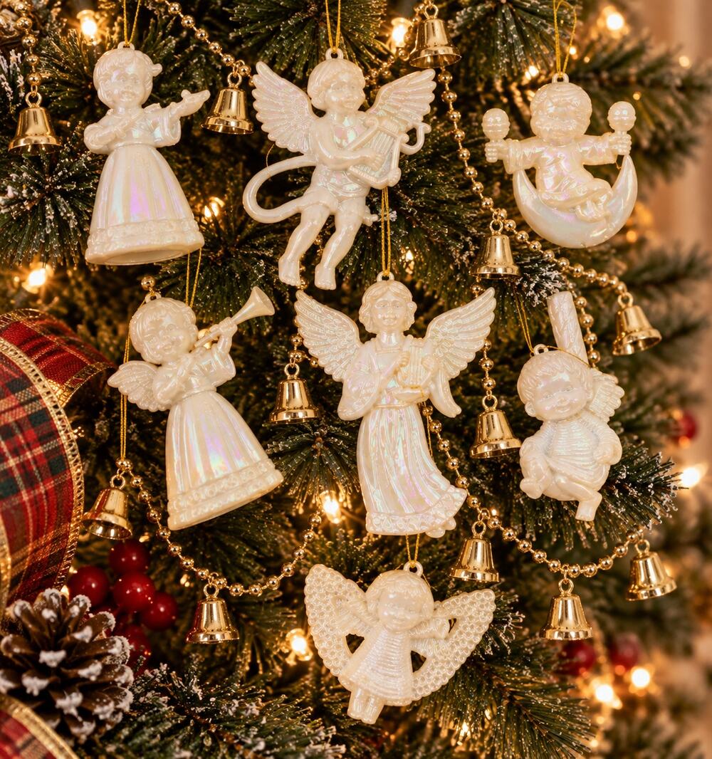 Iridescent Angel Christmas Ornaments Vintage Pearl Plastic 3 Inch Bell Garland